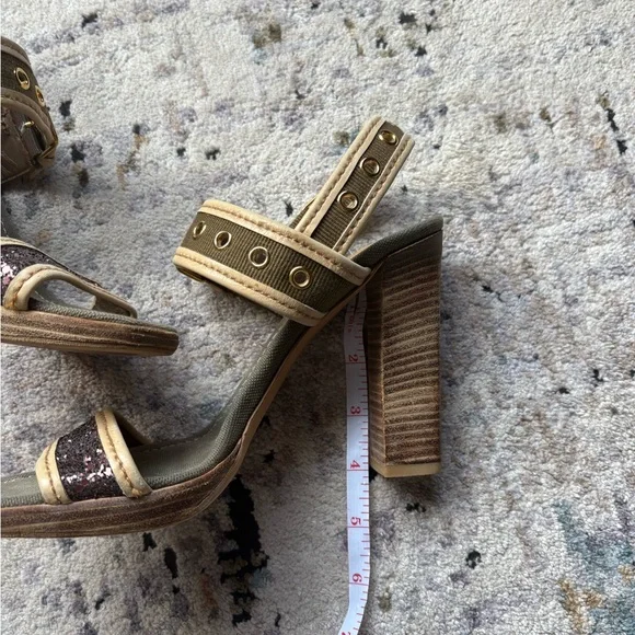 Y2K MIU MIU Double Buckle, Leather & Glitter, Olive Canvas Heels - Picture 14 of 16